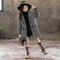 Girls' grey houndstooth plaid coat with suit collar and long sleeves