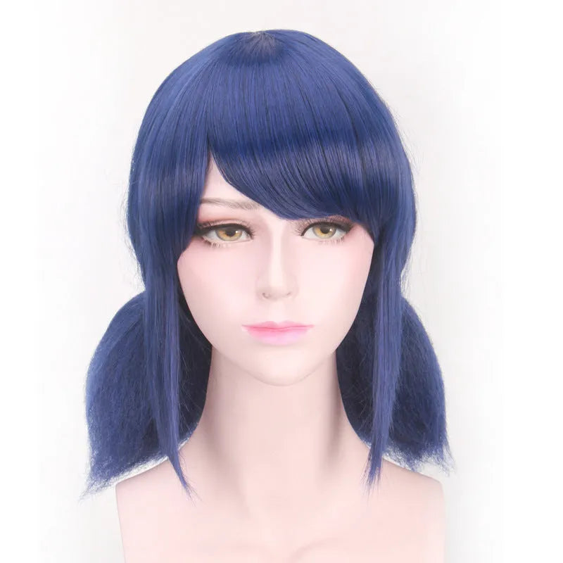Ladybug Ladybug mixed blue cosplay wig with 35cm high temperature wire and adjustable inner net on mannequin