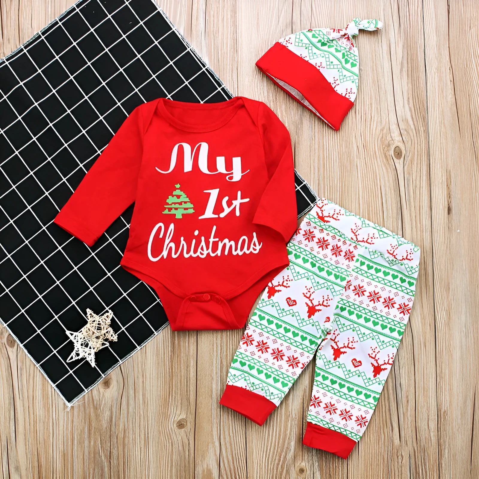 Red cotton baby three-piece suit with long sleeve jumpsuit, pants, and hat featuring letter print