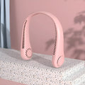 Pink USB rechargeable bladeless neck fan with flexible neckband on a white background.