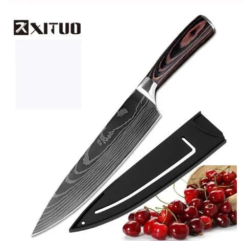 Kitchen knife set with Damascus pattern blades and coloured wood handles on display