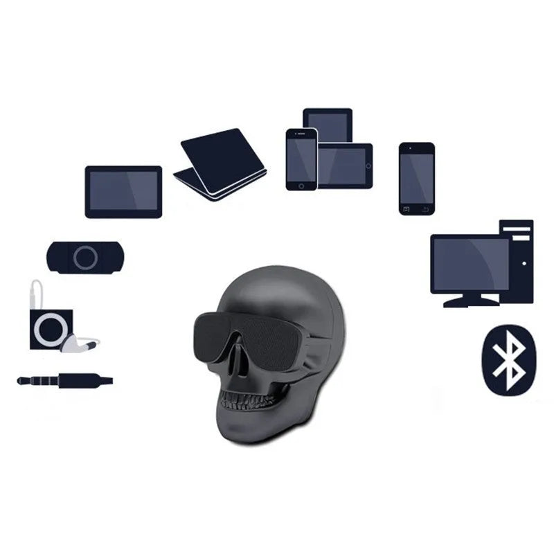 Skull-shaped wireless Bluetooth speaker with rechargeable battery showing front detail and colour options