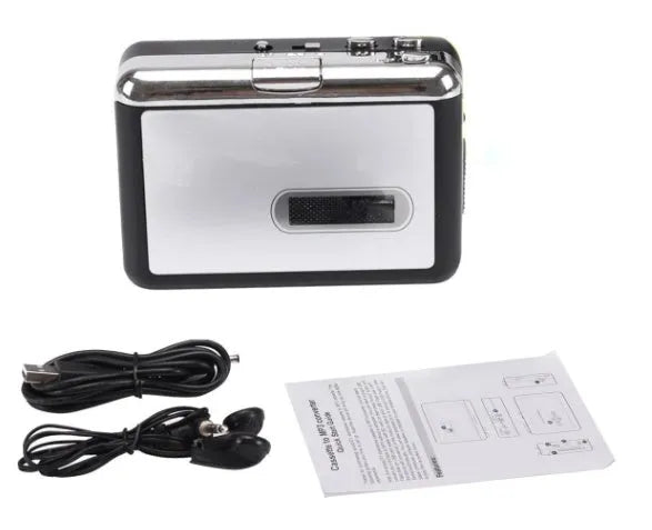 Limited Edition white USB Cassette to MP3 Converter with earphone and USB cable on tabletop