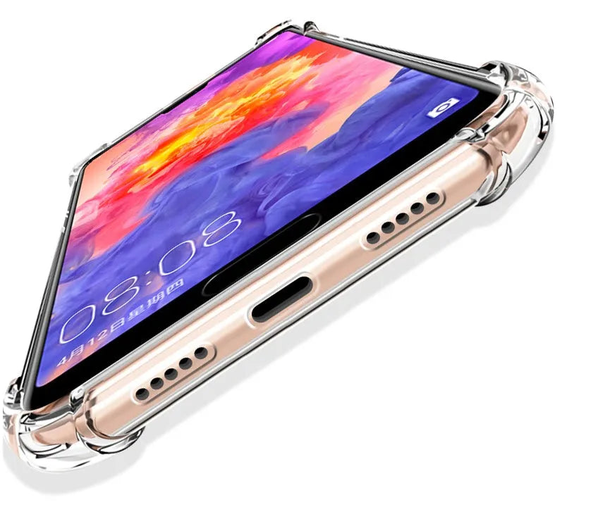 Transparent airbag drop-resistant phone case on Huawei smartphone showing clear protective coverage