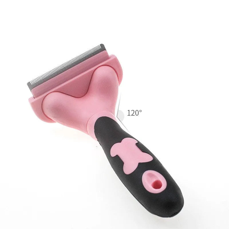Dog and cat comb brush with stainless steel pins, rubber and plastic handle, shown in blue or pink and small or large sizes
