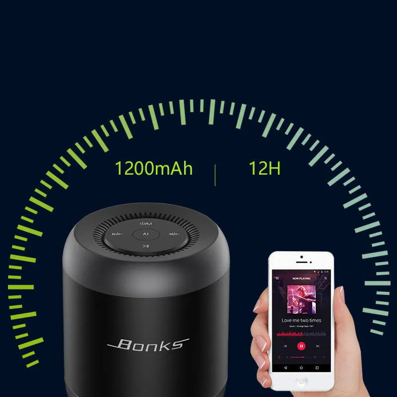 Black or white Bluetooth speaker with buttons, USB port, and AI voice control feature on Smart and Upgrade models.