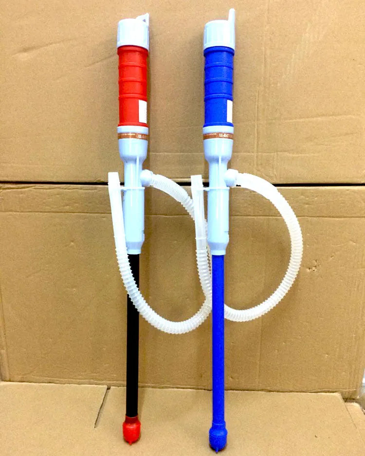 Blue and red manual hand siphon pump for fuel and liquid transfer.