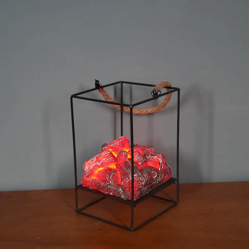 LED flame light simulated charcoal fireplace lamp made of iron and resin in European abstract style