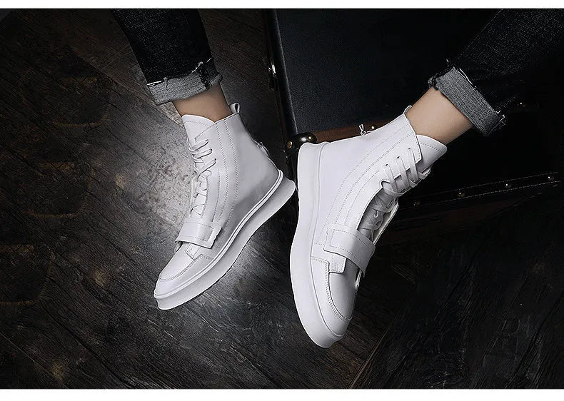 Men's black PU leather ankle boot in a high-top sneaker style for winter.
