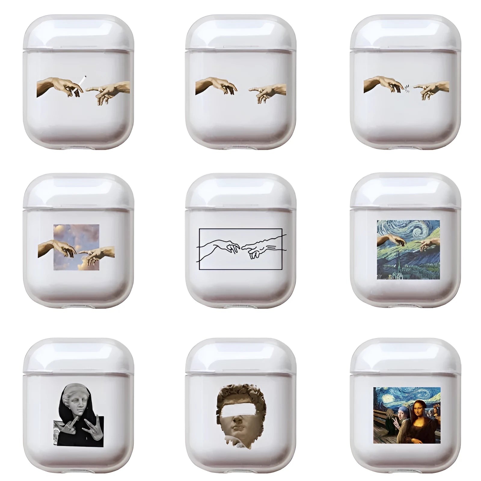 Transparent plastic AirPods protective cover showing compatible AirPods visible through clear material