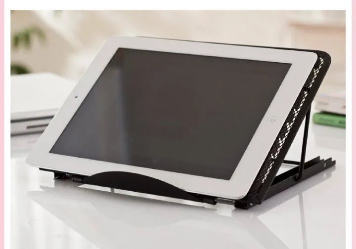 Adjustable steel laptop stand base in black, shown folded and unfolded with a tablet.