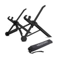 Sagacious black portable folding laptop stand with collapsed legs next to its carrying case.