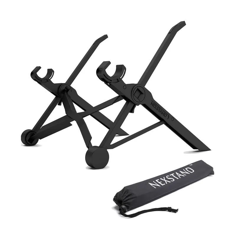 Sagacious black portable folding laptop stand with collapsed legs next to its carrying case.