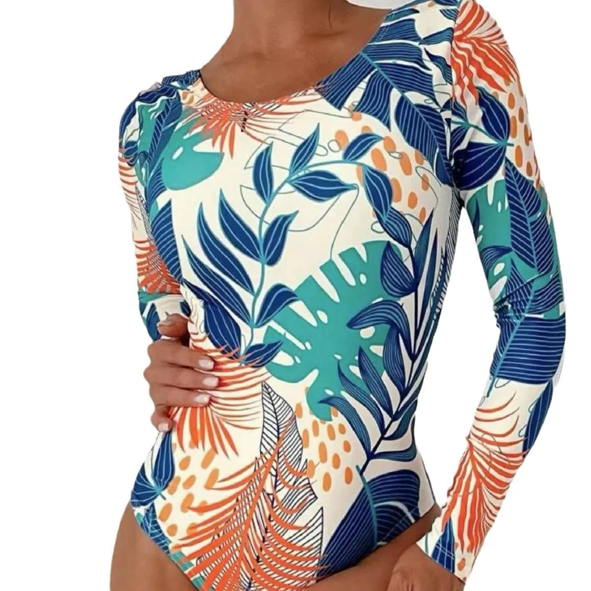 Women's floral printed backless one-piece swimsuit in polyester fabric with bikini split design