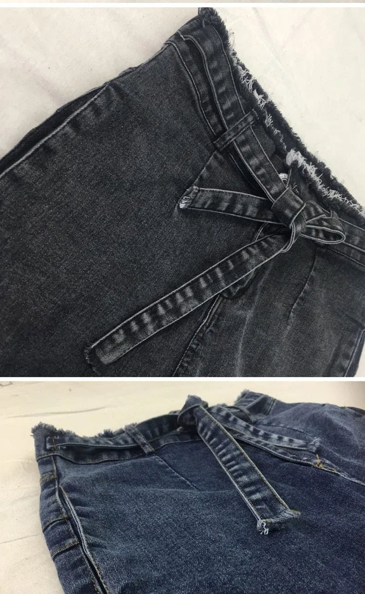 Women's fringed jeans with decorative frayed hems in dark blue, grey, and light blue colours