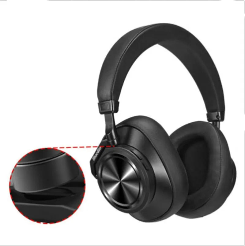 Black wireless Bluetooth 5.0 noise reduction headset over ear with mic bilateral stereo 10 metre range battery display