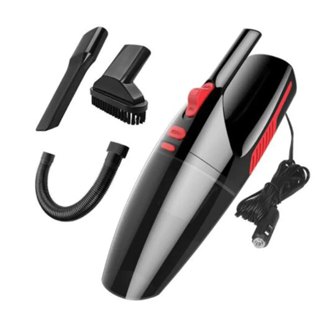 Handheld high-power 120W car vacuum cleaner with brush and long nozzle on black background
