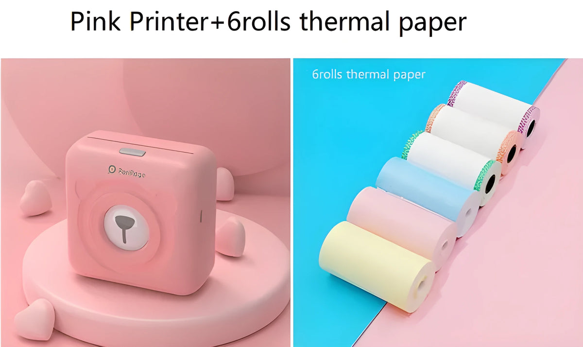 Mini Bluetooth thermal printer in white, pink or blue, 79x42x79mm, for phone photos and labels