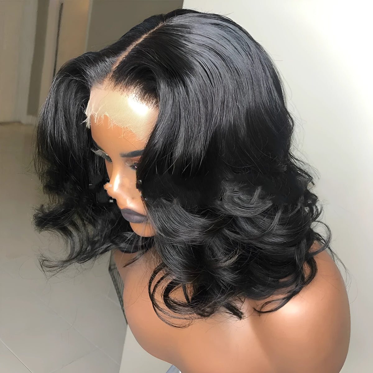 Front lace big wave wig in black high temperature silk with centre part and lace mesh cap