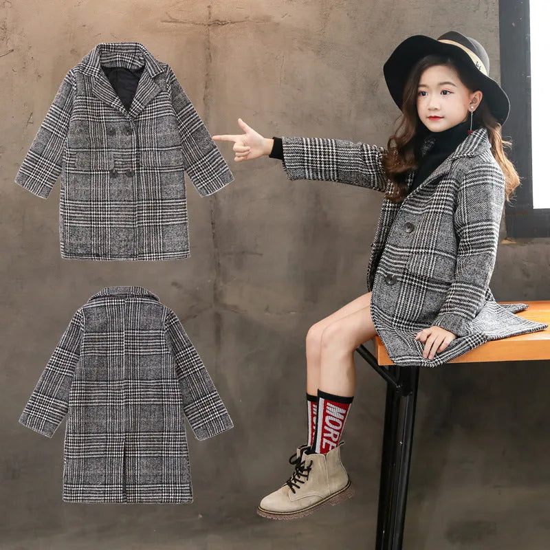 Girls' grey houndstooth plaid coat with suit collar and long sleeves