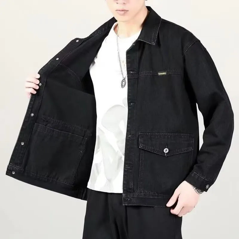 Men's loose fit denim jacket with cotton lining in blue, black, or grey, sizes M to 5XL.