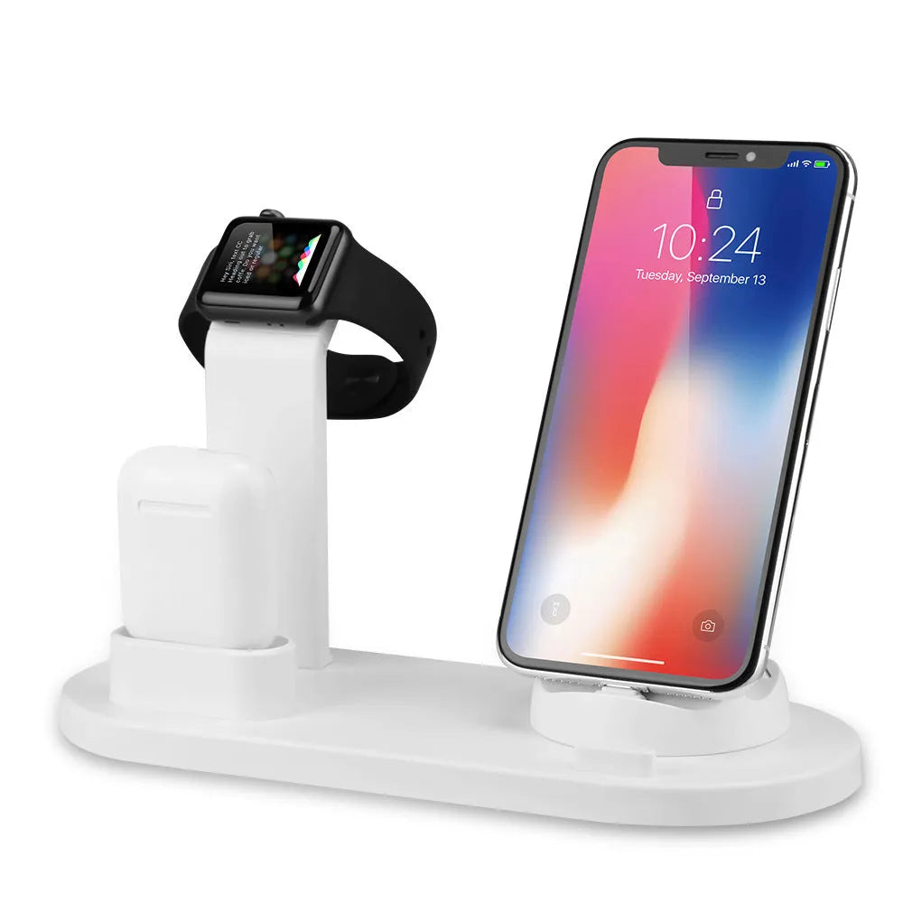Black and white headphone charging stand with integrated 3-in-1 USB charger