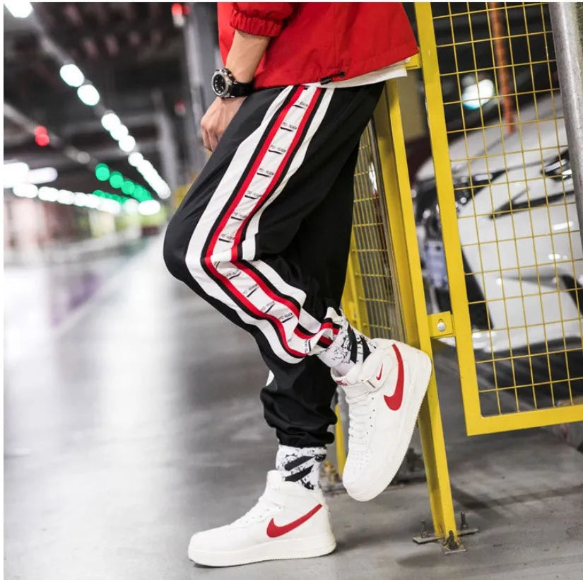 Cotton harem jogger with belt, stripe pattern, black blue nine length pants for men