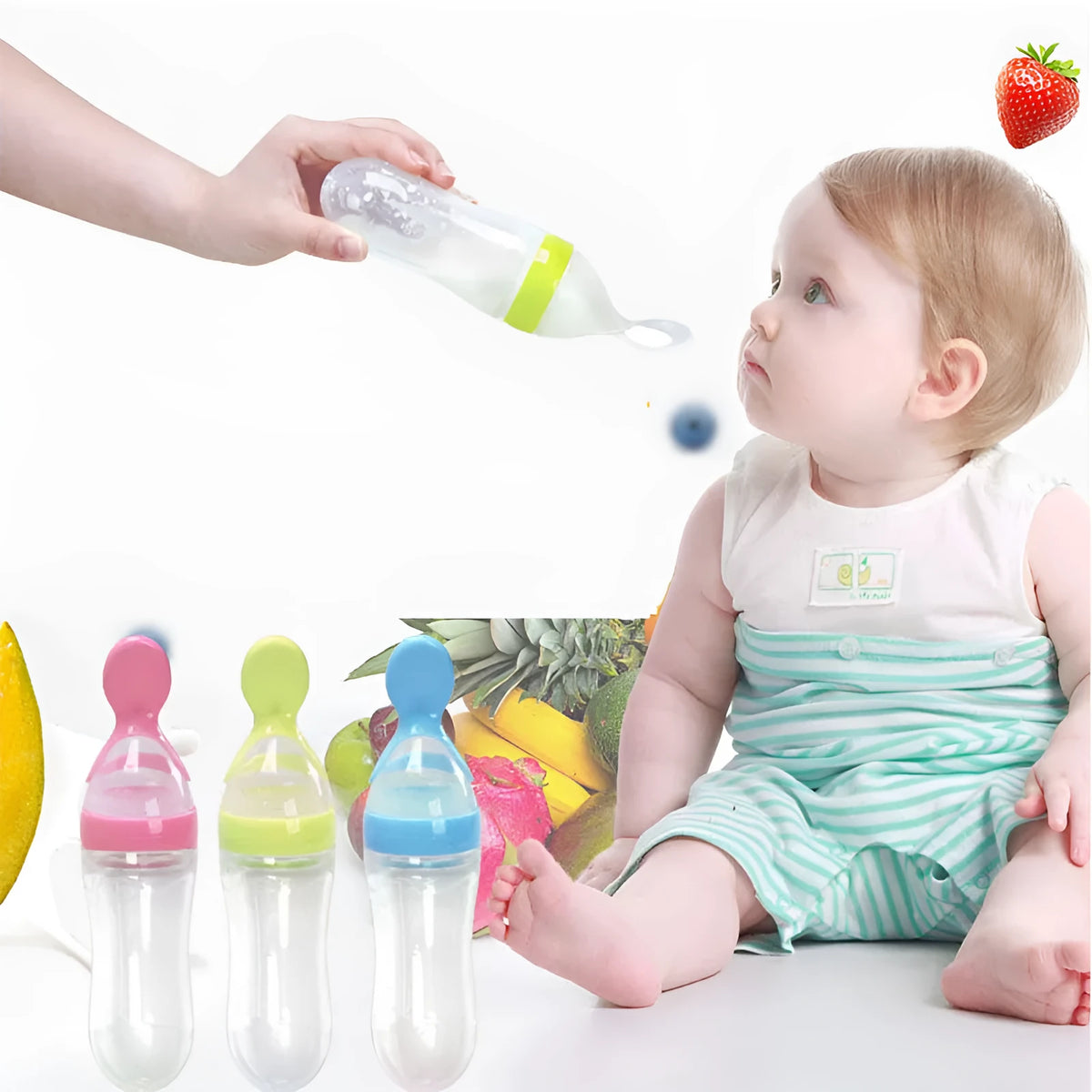 Baby feeding bottle spoon in silicone, 90ml, available in white and pink, with round bottom style