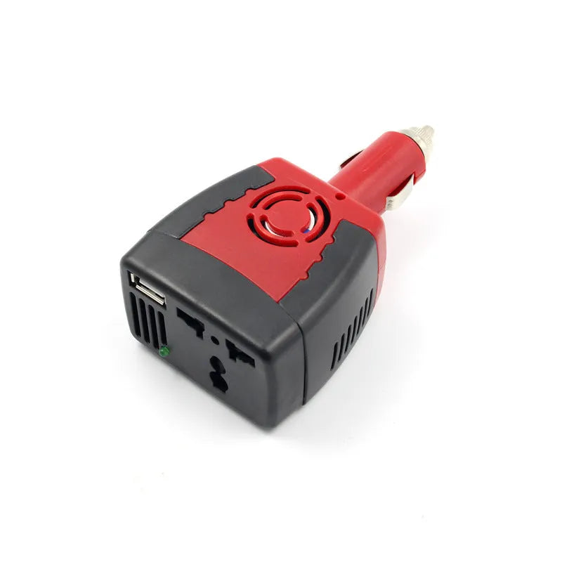 Black and red 150W car power inverter converting 12V DC to 110V AC with USB port.