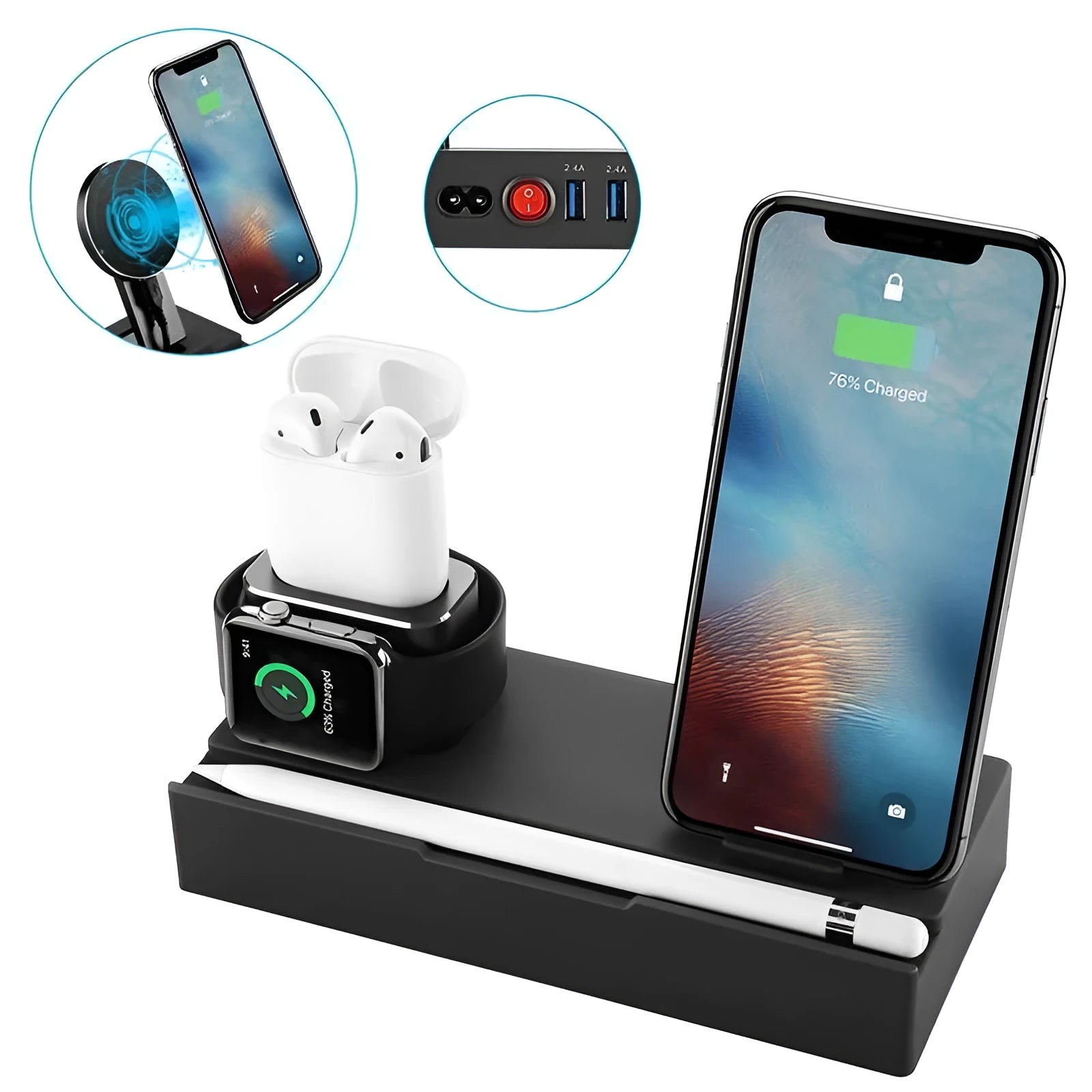 Black eight-port wireless charging station with USB hub and 150cm power cord
