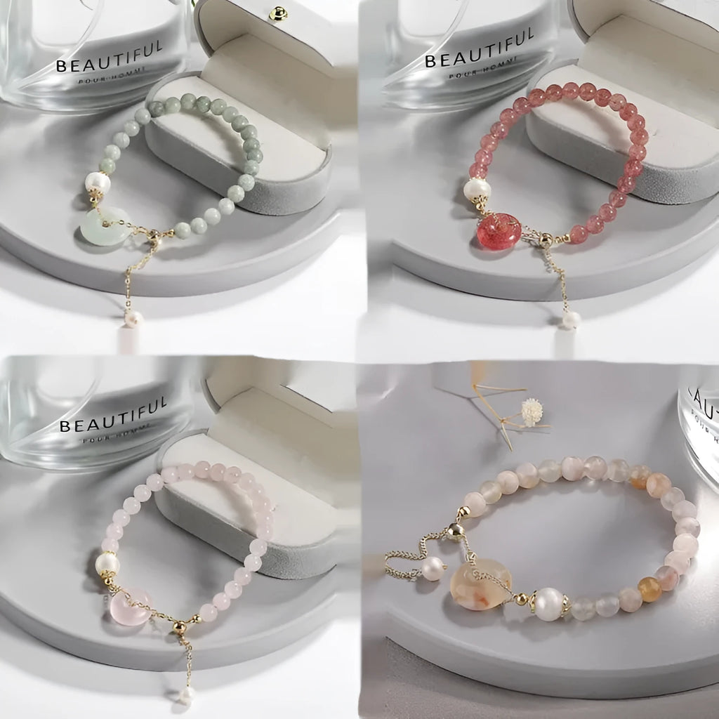 Women's Korean style crystal bracelet showing options with jade pendant or coloured stone safety buckle.