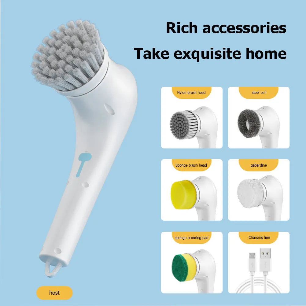 White cordless electric handheld spin scrubber with five different cleaning brush heads and a USB charging cable.