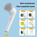 White cordless electric handheld spin scrubber with five different cleaning brush heads and a USB charging cable.