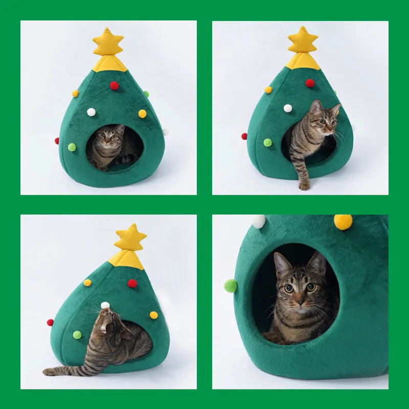 Christmas tree-shaped plush pet cave bed for cats and dogs with detachable cover