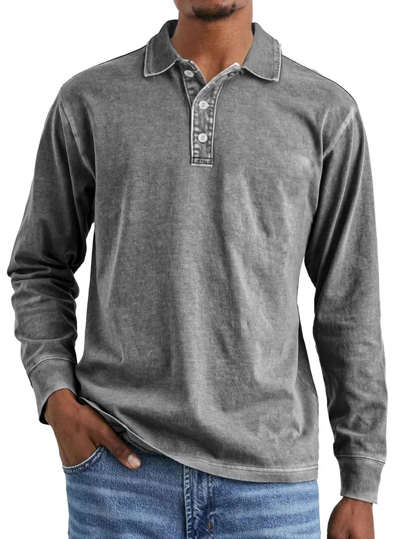 Men's retro-style long sleeve polo shirt in washed cotton with a lapel collar, shown in Army Green.