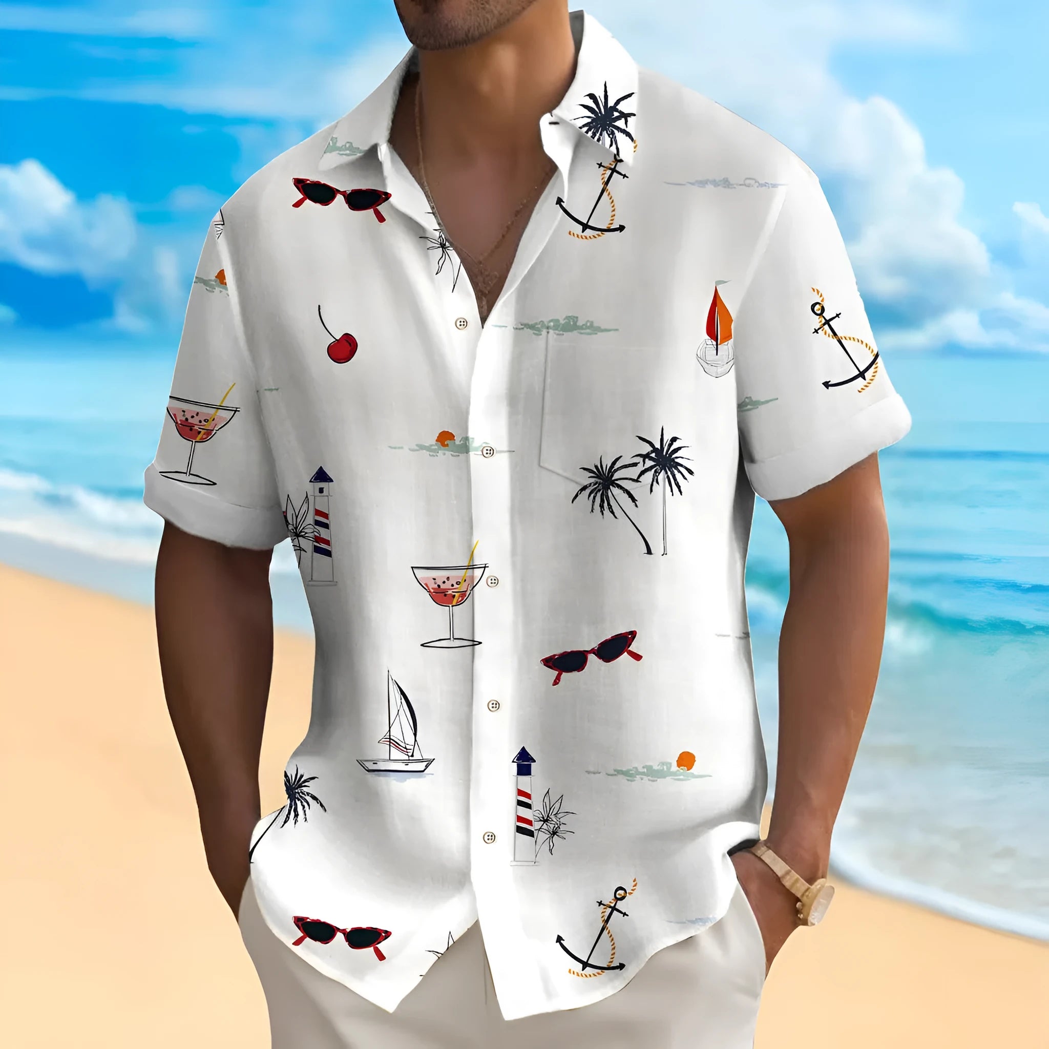 Man wearing a loose-fit, short-sleeve Hawaiian shirt with a digital floral print.