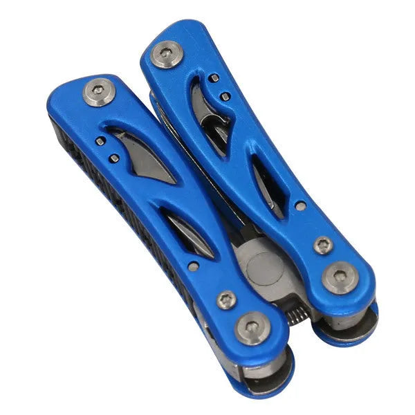 Blue stainless steel folding multi-function pliers with fruit knife tool showing open and closed positions