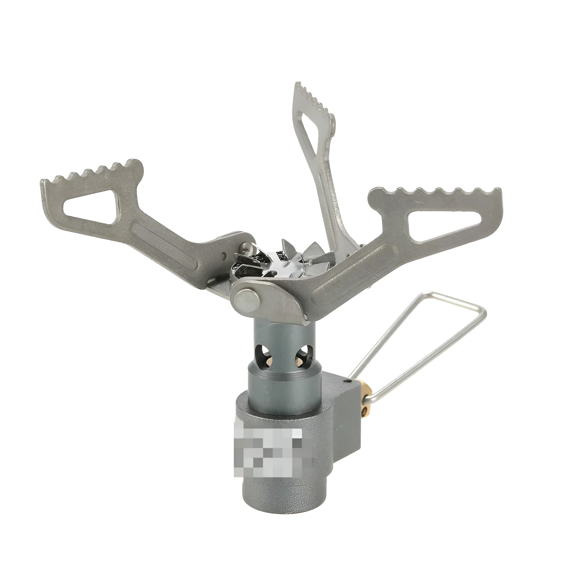 Portable metal propane camping stove with one-piece furnace design on a outdoor surface.