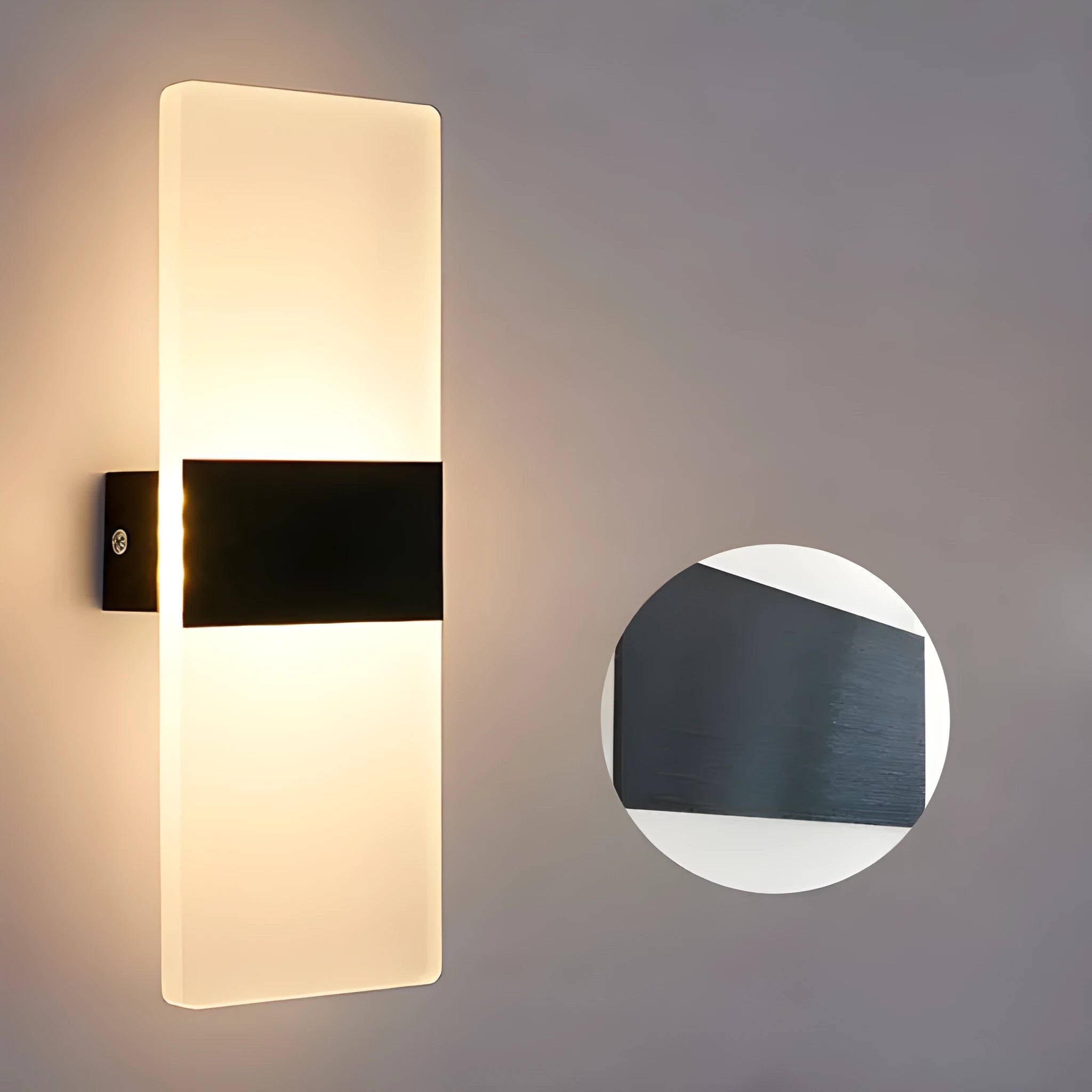 Modern acrylic wall lamp in silver finish with LED light, showing warm and white light settings.