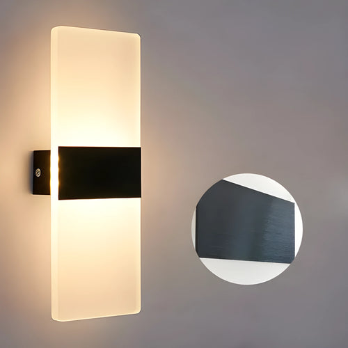Modern acrylic wall lamp in silver finish with LED light, showing warm and white light settings.