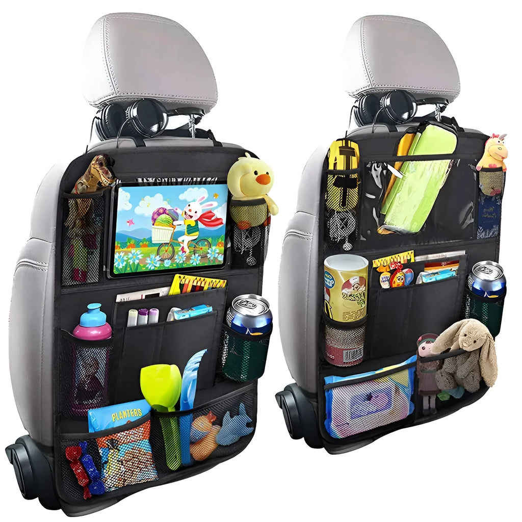 Car storage bag sewn from black Oxford fabric, 61 by 41 cm, fitted behind a car seat backrest