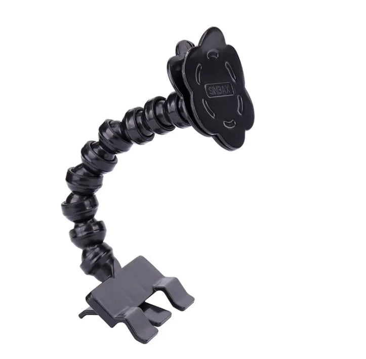 Black and white PVC pet selfie stick with square and flower smartphone clips for handheld photography.