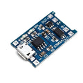 Blue lithium battery charging and protection board with micro-USB port and solder pads