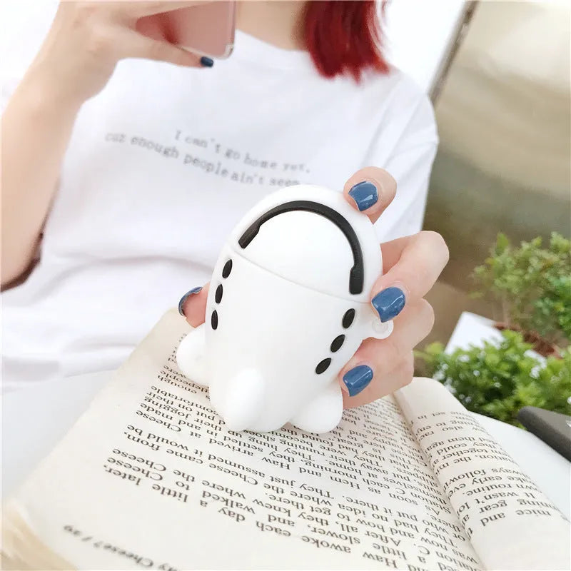 Blue silicone flip case for AirPods with cartoon airplane design and metal carrying hook.