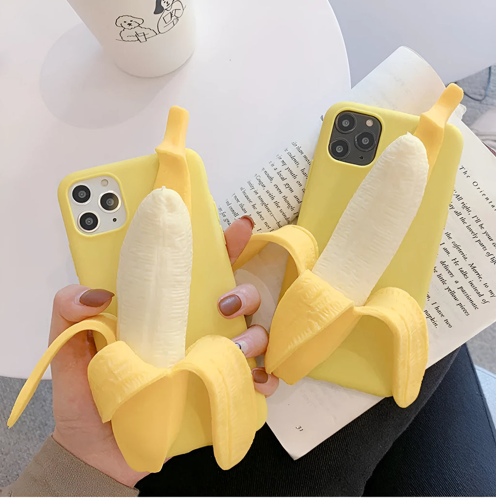 Banana yellow silicone iPhone case with unzip design detail showing anti-slip texture