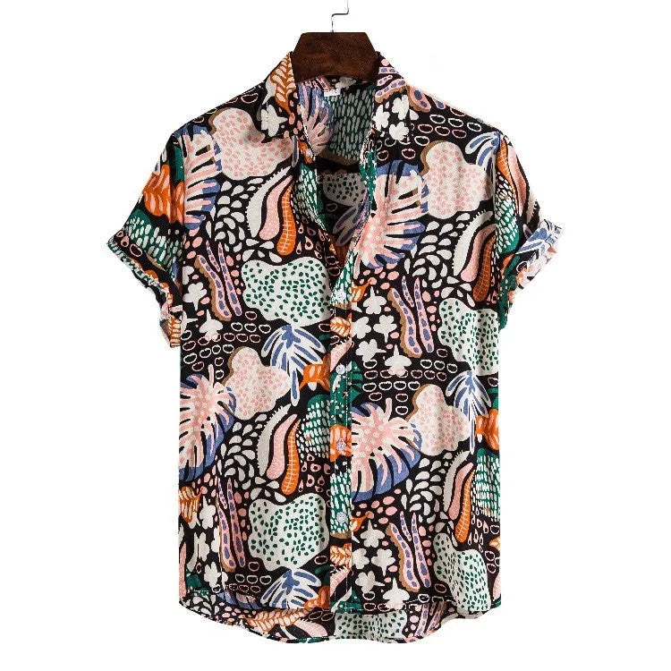 Cotton men's summer cardigan with printed pattern, short sleeves, and lapel collar in multiple colours