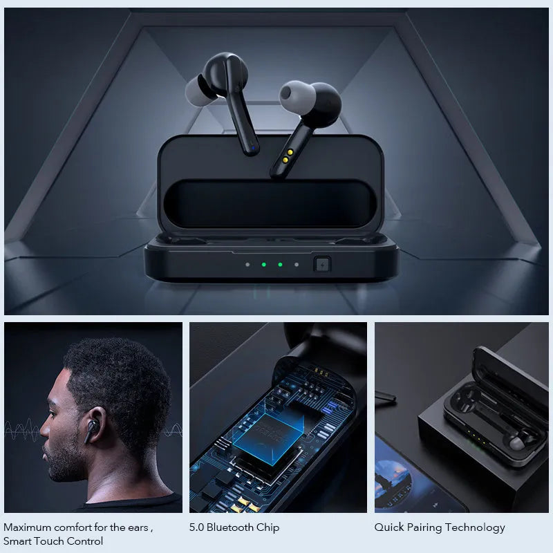 Black and white TWS wireless earbuds with Bluetooth 5.0 and IPX5 waterproof rating.