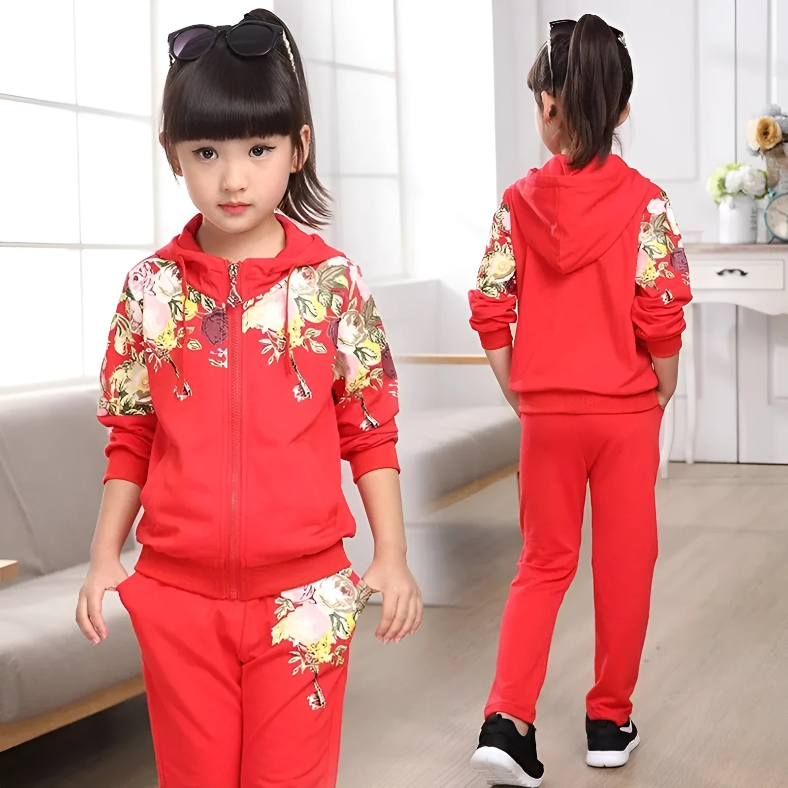 Children's hooded tracksuit set in cotton blend fleece with long sleeves for ages 8+