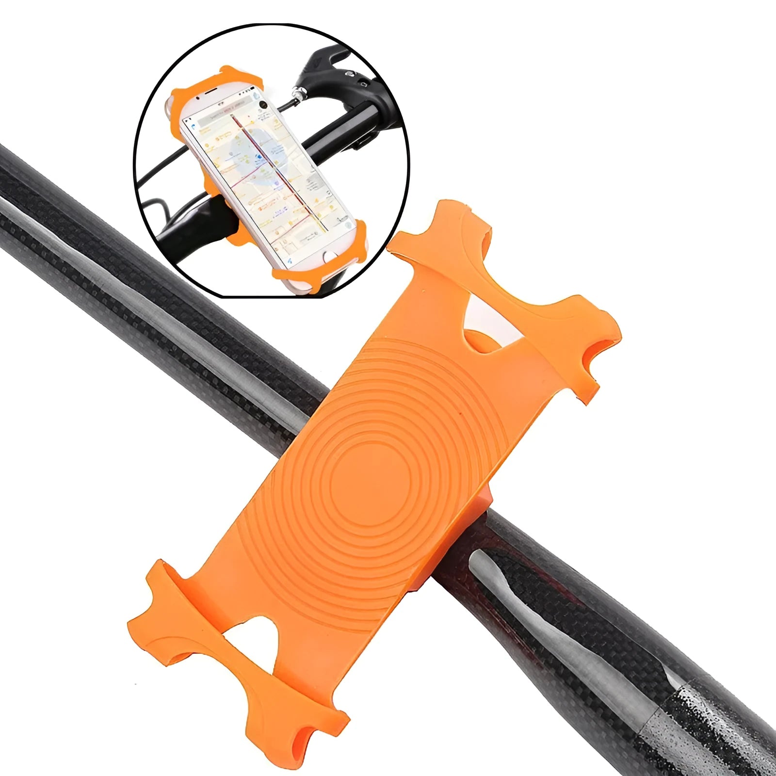 Silicone bicycle phone holder mounted on handlebars showing three adjustment holes