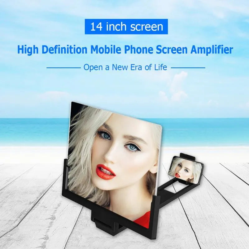 Black adjustable mobile phone stand with magnification lens holding smartphone